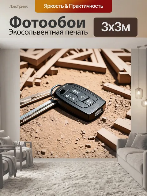 Фотообои ключи от автомобиля, окруженные строительными материалами, изображённые в технике архитектурной фотографии…