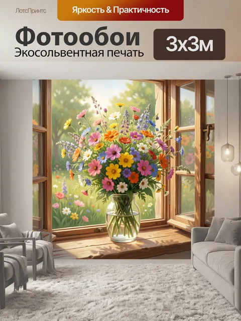 Фотообои Яркий букет у открытого окна