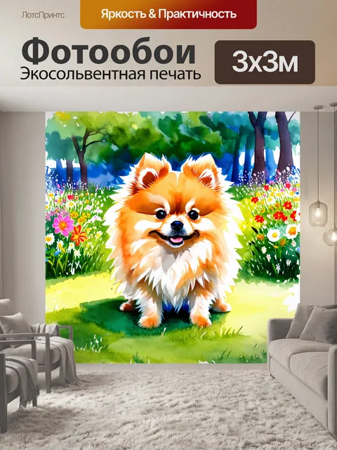 Фотообои мягкий, пушистый померанский шпиц, сверкающий на солнце в парке, окруженный яркими цветами