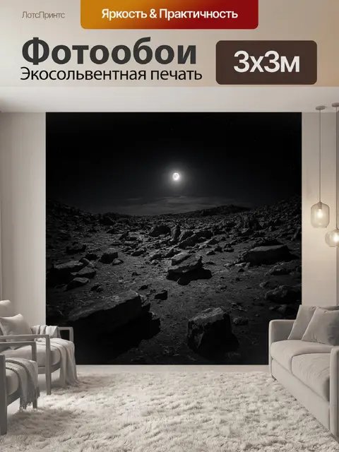 Фотообои ночь в стиле черно-белый, природа с освещенной лунным светом скалистой местностью, загадочные тени