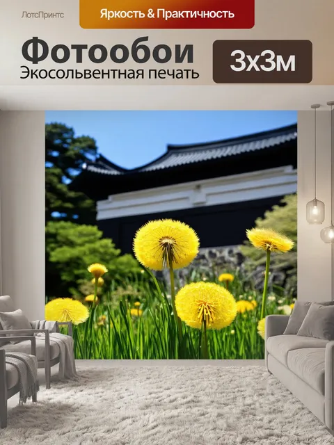 Фотообои япония показывают одуванчики, растущие на фоне старинных сооружений