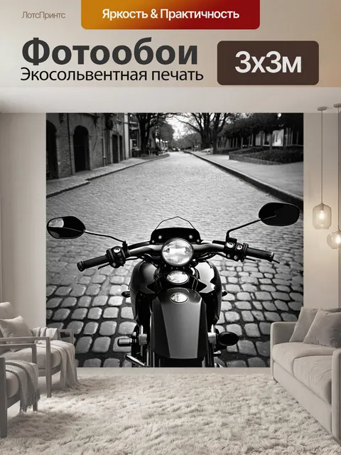 Фотообои мотоцикл с низким профилем, вид со стороны водителя, на фоне старинной мостовой и парковых аллей