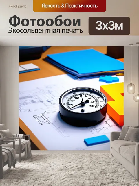 Фотообои манометр на столе инженера, окружённый чертежами и 3d-моделями, выполненный в стиле дигитального арт-ремесла