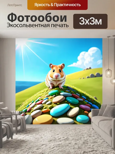 Фотообои сцена, где хомяк покоряет вершину маленькой горки из разноцветных камней под ярким солнцем, с четкими тенями…