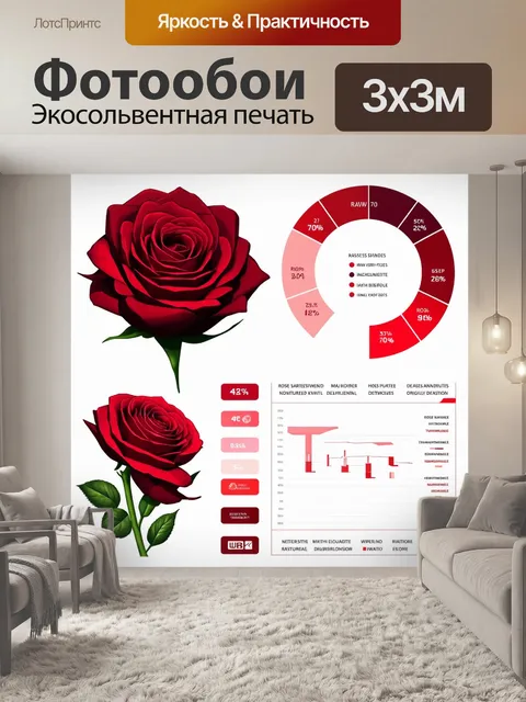 Фотообои розы в стиле инфографический рисунок, круговые диаграммы и графики, связанные с розами