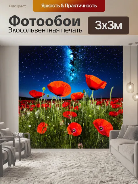 Фотообои красные маки под звездным небом