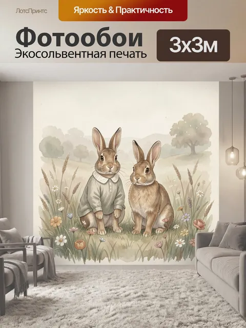 Фотообои Два зайца в цветочном лугу