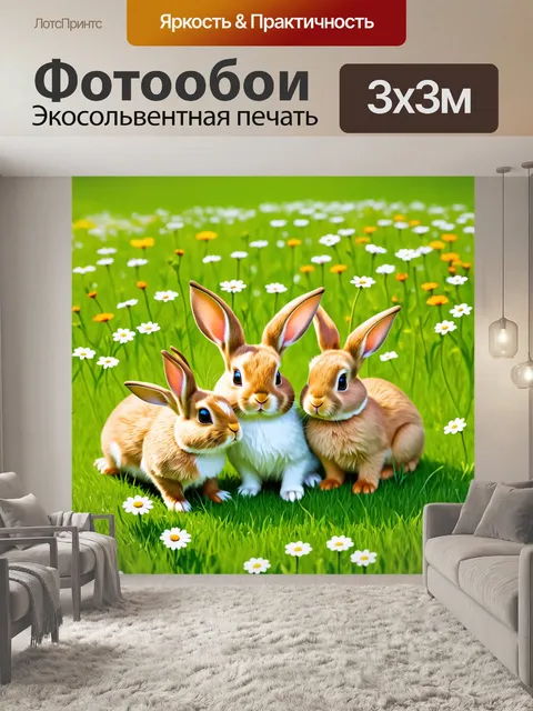 Фотообои животные в стиле плоский, семья зайцев, играющих на зелёной лужайке, окружённой цветами
