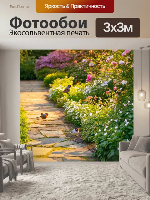 Фотообои весна в саду, старинные каменные дорожки, цветущие розы и лилии, вечерний свет мягко золотистый, воробьи…