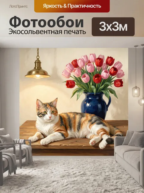 Фотообои Кот и букет тюльпанов