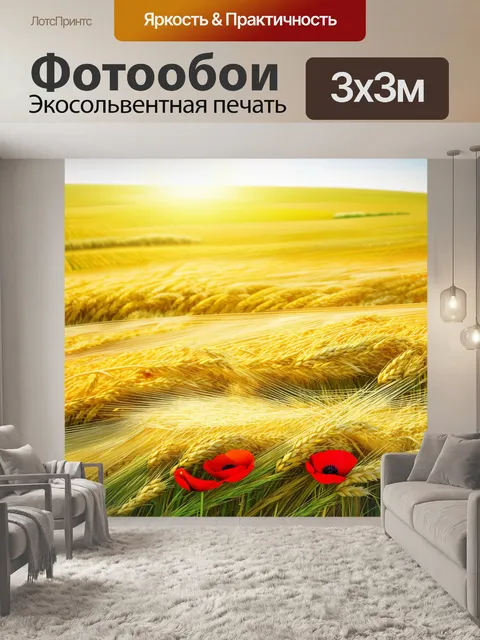 Фотообои солнечный день на пшеничном поле, где красные маки словно катятся по волнам пшеницы