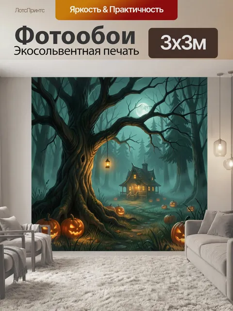Фотообои Тыквы у дома в туманном лесу