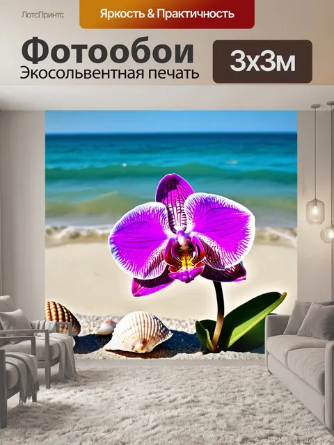 Фотообои орхидея на фоне морского берега с полными раковинами