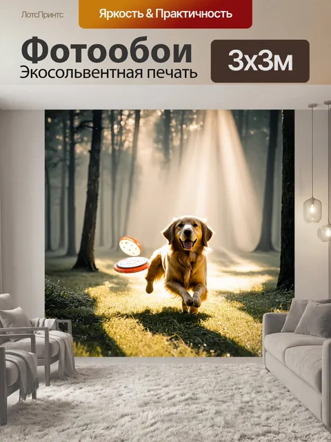 Фотообои золотистый ретривер, играющий с фрисби на фоне леса в утреннем тумане, с лучами света, пробивающимися сквозь…