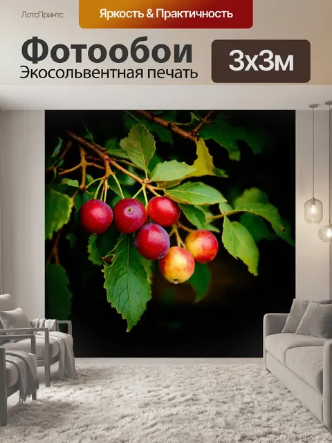 Фотообои темный фон, на котором зреют плоды на ягодных кустах, яркие цвета ягод выделяются на фоне темноты, создавая…