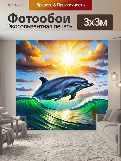 Фотообои охота на дельфинов в открытом океане, играющих среди волн и солнечных зайчиков