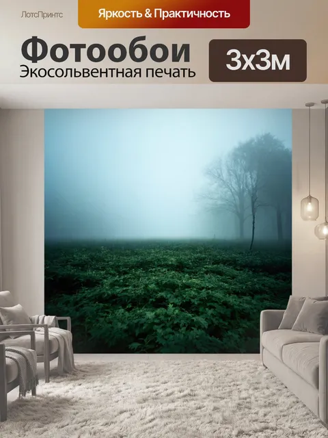 Фотообои туман в стиле двойная экспозиция, с дикой природой, покрытой густым туманом