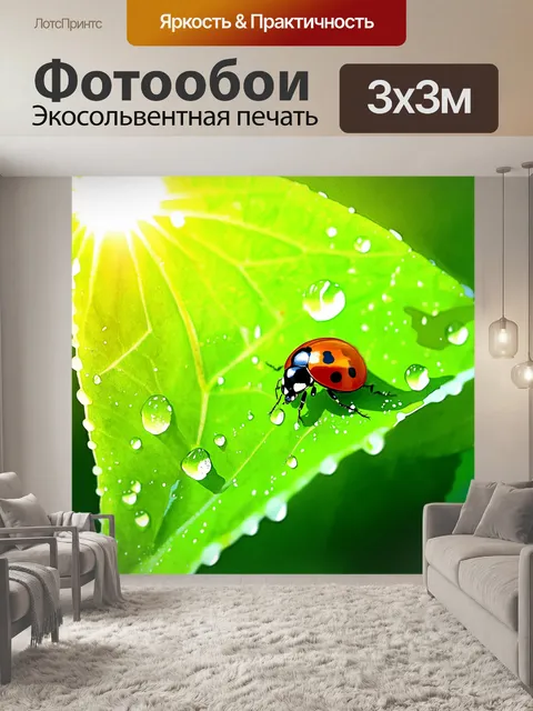 Фотообои нежная божья коровка сидит на ярком зеленом листе