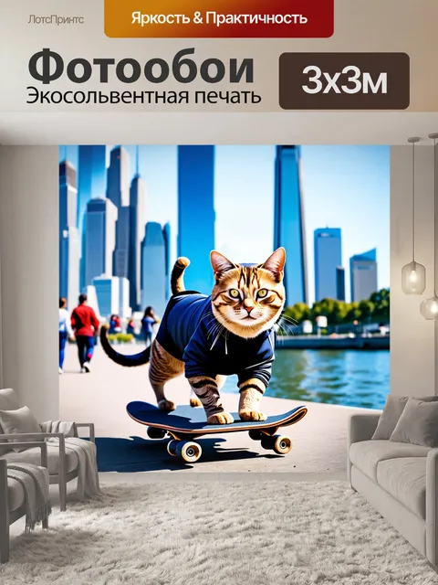 Фотообои кот в спортивной форме катается на скейтборде по городской набережной