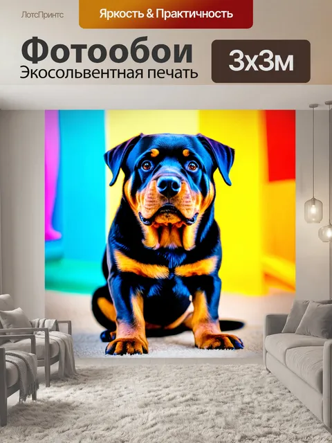 Фотообои ротвейлер, позирующий перед камерой, с игривым выражением и ярким фоном