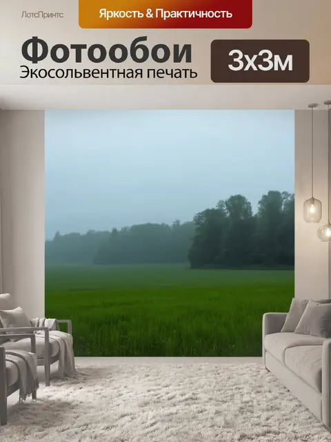 Фотообои туман в стиле тонализм, спокойный пейзаж с туманными полями и лесами