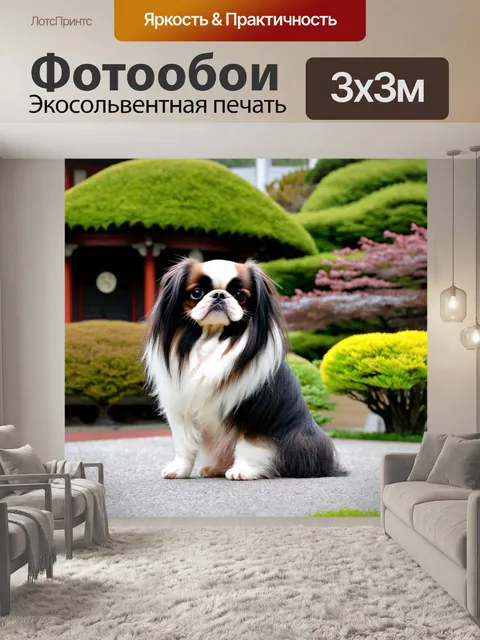 Фотообои собака японский хин, изящная и грациозная, позирующая на фоне традиционного японского сада