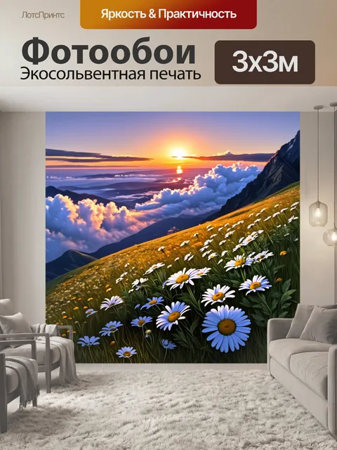 Фотообои ромашки, растущие на склоне горы, покрытой облаками, с великолепным закатом на горизонте