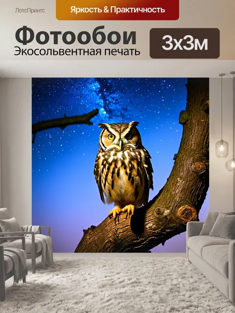 Фотообои сова, сидящая на ветке старого дерева в вечернем свете, с ярко выраженными глазами, которые отражают…