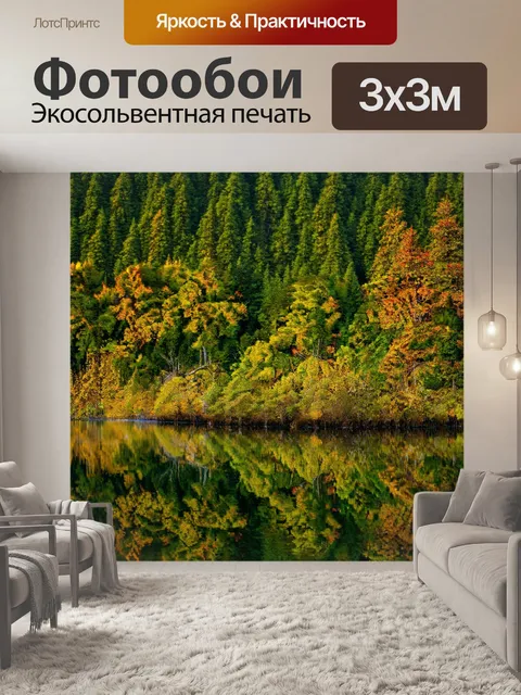Фотообои лесное озеро с отражением деревьев на воде, спокойная атмосфера