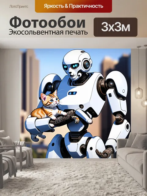 Фотообои Большой белый робот держит в руке котенка и рассматривает его