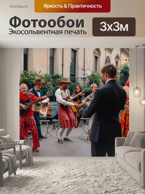 Фотообои винтаж: открытая терраса с уличными артистами, создающими атмосферу праздника и веселья