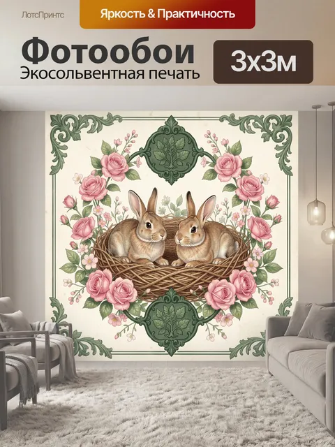 Фотообои Кролики в цветочном гнезде