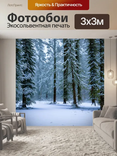 Фотообои зимний лес с покрытой снегом землёй, заснеженные деревья, морозный воздух