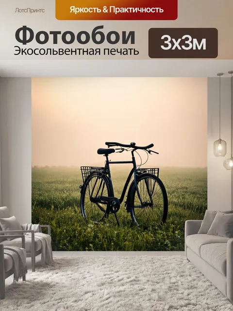 Фотообои велосипед, объятый утренним туманом, на фоне поля
