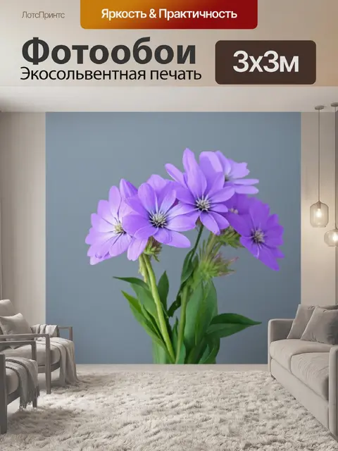 Фотообои цветы в стиле минимализм с нежно-фиолетовыми цветами на холодном сером фоне
