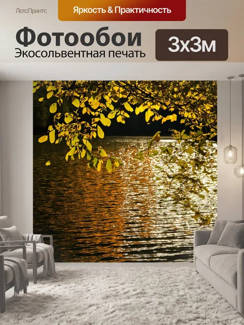 Фотообои золотые лучи солнца пробиваются через листву на воде, настроение спокойствия, естественное освещение