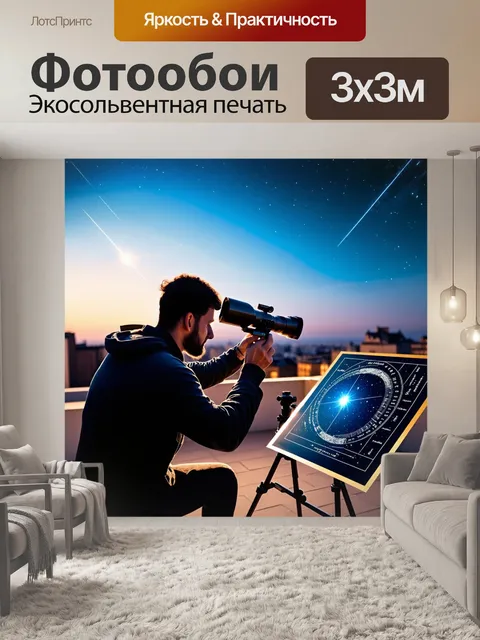 Фотообои учёный-астроном наблюдает звёзды через телескоп на крыше здания с картой звездного неба