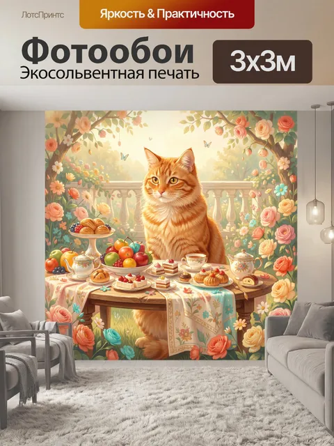 Фотообои Рыжий кот в цветущем саду