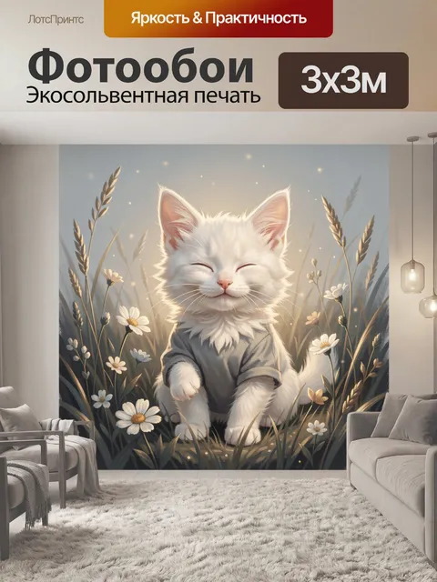 Фотообои Белый котёнок среди ромашек