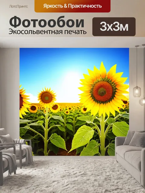 Фотообои природа в стиле раскраска, обширные поля с подсолнухами, указывающими на солнце и с синим небом