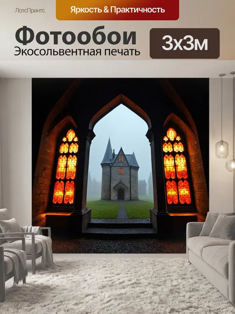 Фотообои туман в стиле люминизм, старинный замок в тумане, таинственный вид, светящиеся окна облаков