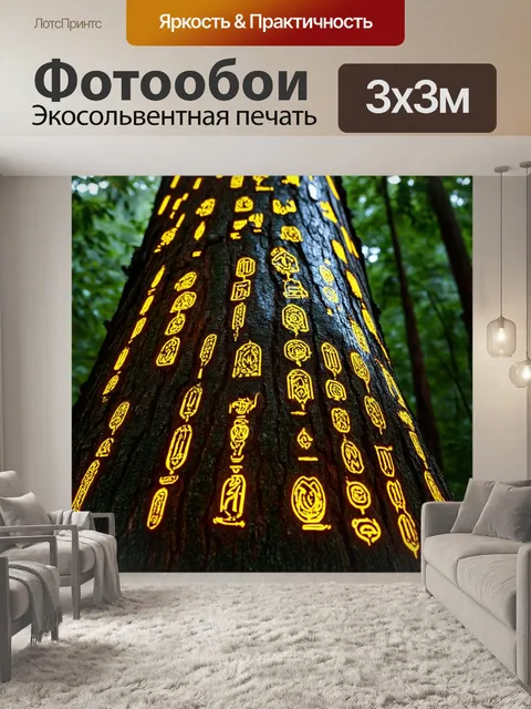 Фотообои джунгли в стиле фэнтези, отражающие магические руны, которые появляются на коре деревьев