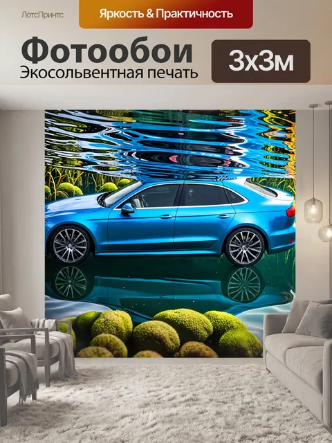 Фотообои машина в стиле минимализм: машина в воде, отражение на поверхности с подводной растительностью