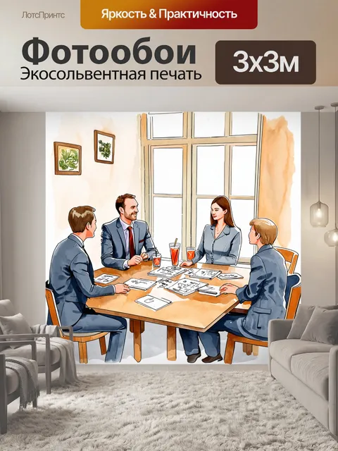 Фотообои стильная встреча агента по недвижимости с клиентами в кафе, на столе лежат планы и макеты домов