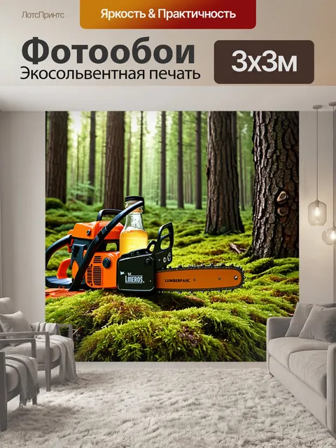 Фотообои в густом лесу, окруженном высокими деревьями, видна цепная пила, аккуратно оставленная на мохнатой земле