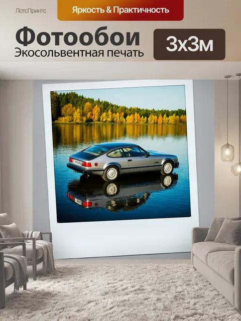 Фотообои машина в стиле полароидная фотография с автомобилем, отражающимся в воде озера