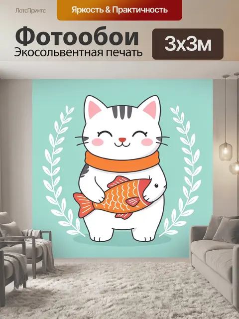 Фотообои Улыбающийся кот с рыбой