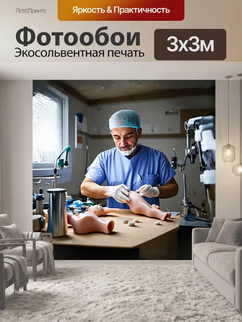 Фотообои зубной техник за работой в своей мастерской, окружённый инструментами и материалами для протезирования