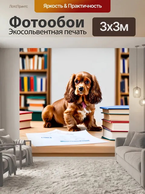 Фотообои кокер-спаниель, сидящий на поверхности стола, окруженный книгами и бумагами