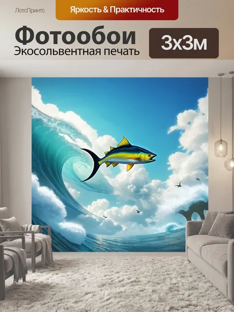 Фотообои летящие в воздухе рыбы, прокладывающие волны среди облаков